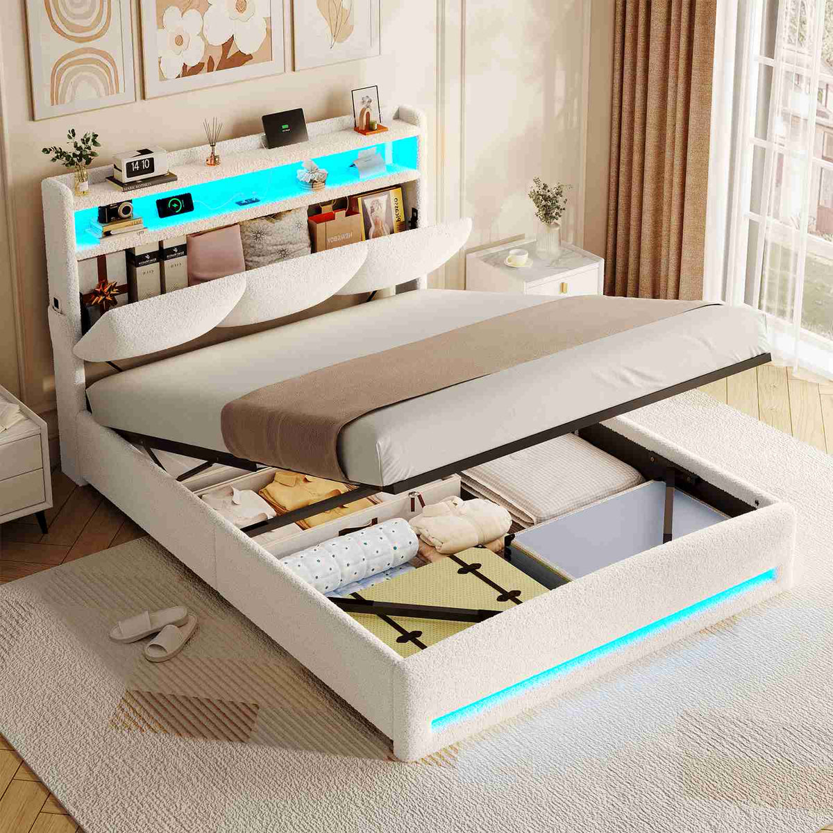 Lit à réglage hydraulique AOGLLATI 140 × 200 avec espace de rangement, équipé d'un éclairage LED et d'un port USB tête de lit rembourrée avec espace de rangement