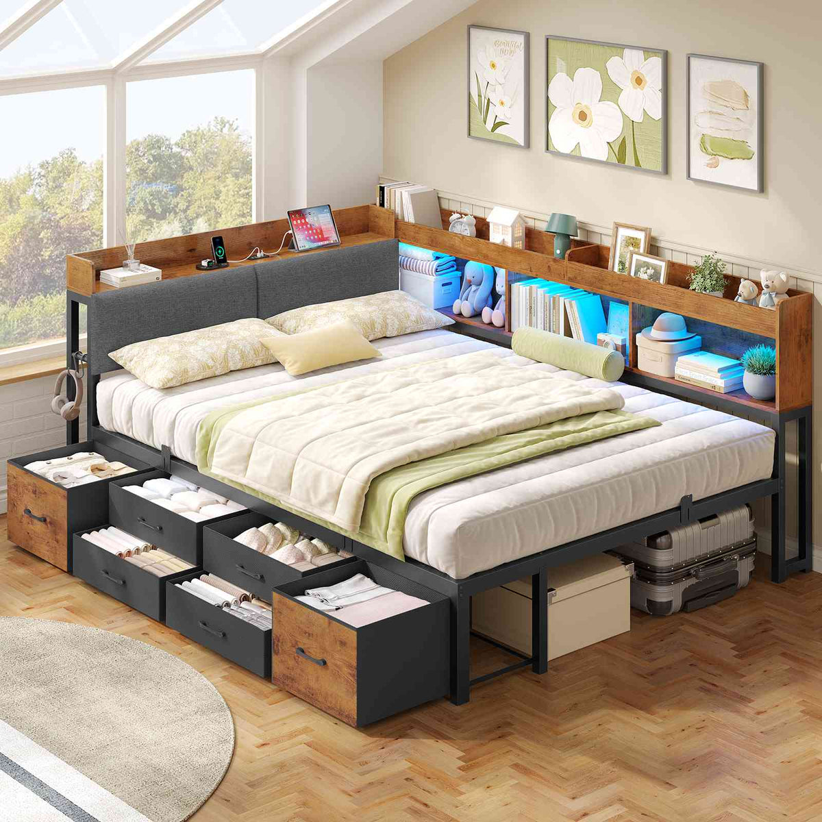 Canapé-lit AOGLLATI 140 x 200 avec rangement plusieurs p Rich text editor Descriptionrises et éclairage LED  avec tête de lit rembourrée lit pour enfants lit double avec cadre en métal