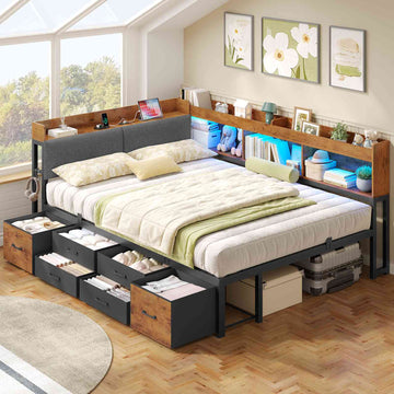Canapé-lit AOGLLATI 140 x 200 avec rangement plusieurs p Rich text editor Descriptionrises et éclairage LED  avec tête de lit rembourrée lit pour enfants lit double avec cadre en métal