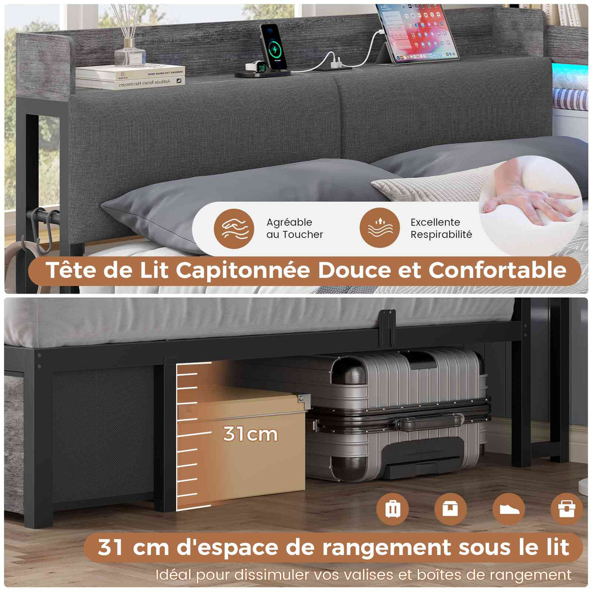 Canapé-lit AOGLLATI 140 x 200 avec rangement plusieurs p Rich text editor Descriptionrises et éclairage LED  avec tête de lit rembourrée lit pour enfants lit double avec cadre en métal
