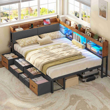 Canapé-lit AOGLLATI 140 x 200 avec rangement plusieurs p Rich text editor Descriptionrises et éclairage LED  avec tête de lit rembourrée lit pour enfants lit double avec cadre en métal