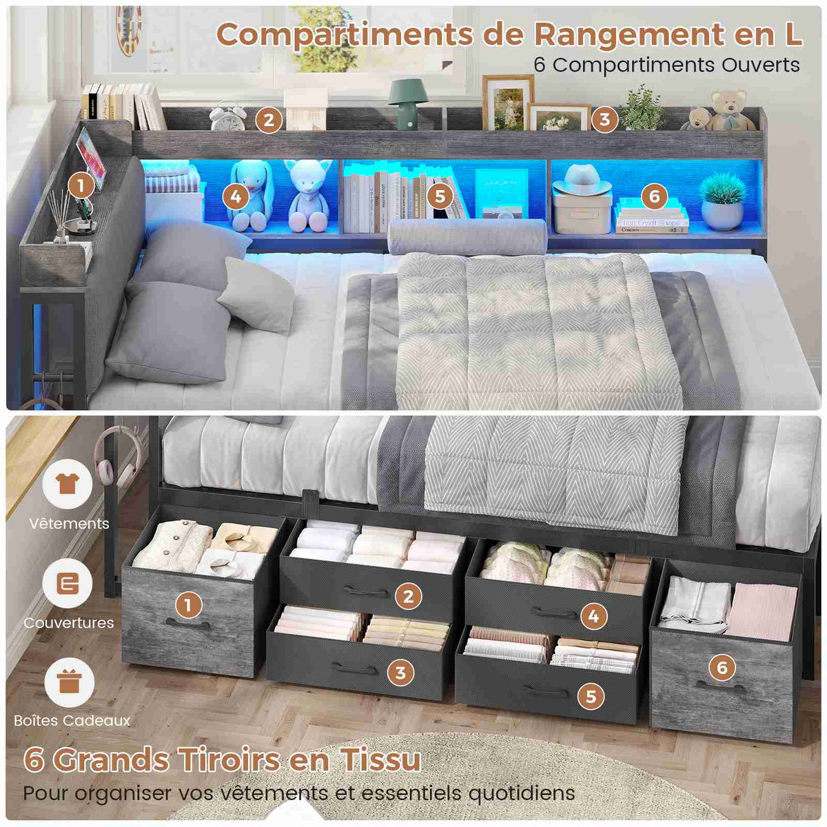 Canapé-lit AOGLLATI 140 x 200 avec rangement plusieurs p Rich text editor Descriptionrises et éclairage LED  avec tête de lit rembourrée lit pour enfants lit double avec cadre en métal