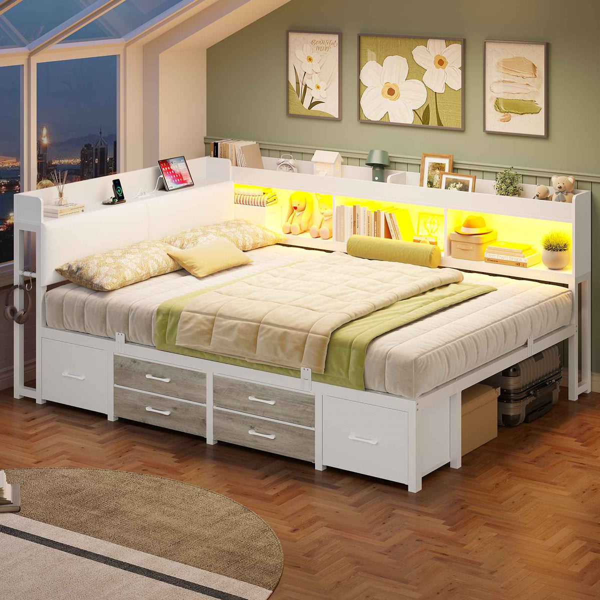 Canapé-lit AOGLLATI 140 x 200 avec rangement plusieurs p Rich text editor Descriptionrises et éclairage LED  avec tête de lit rembourrée lit pour enfants lit double avec cadre en métal