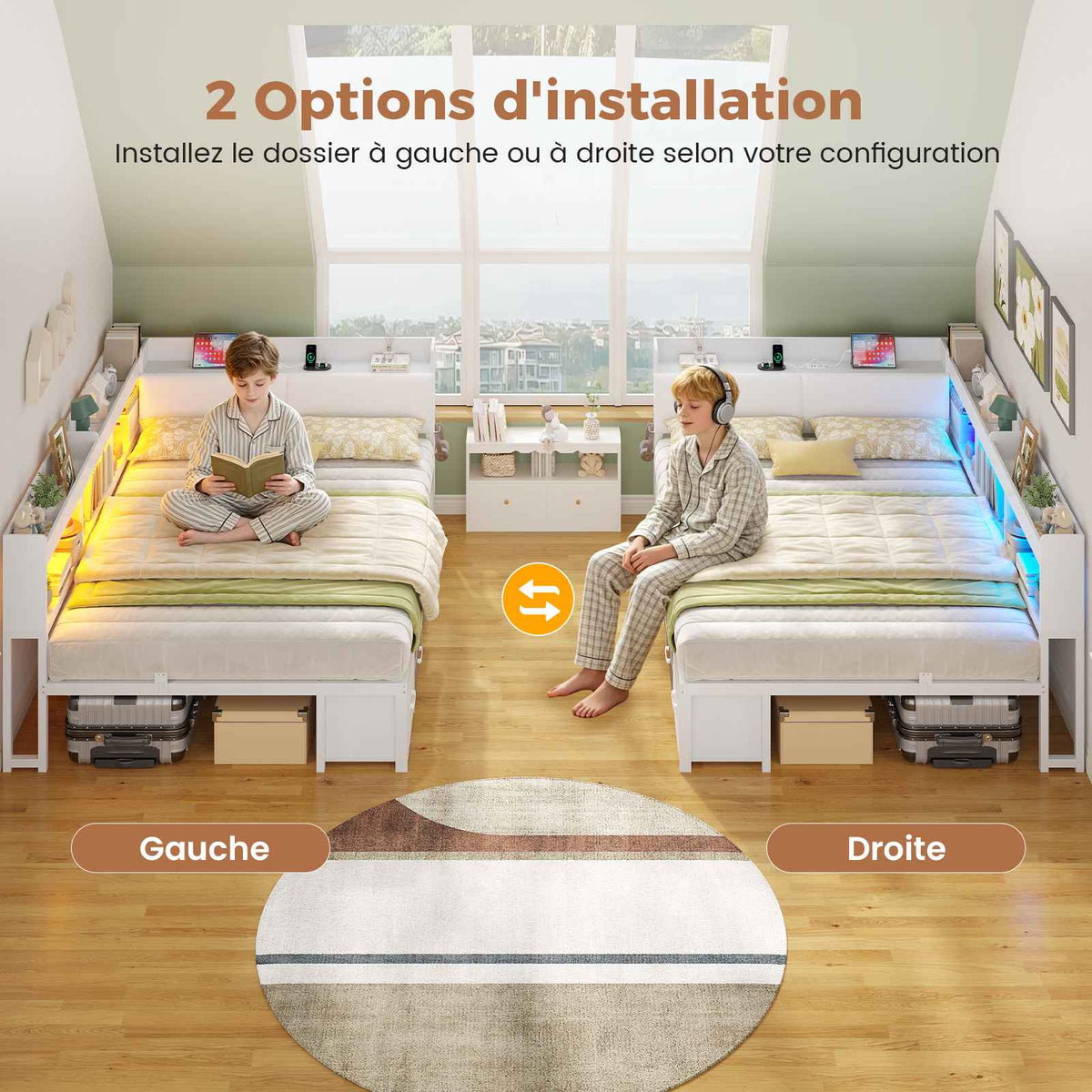 Canapé-lit AOGLLATI 140 x 200 avec rangement plusieurs p Rich text editor Descriptionrises et éclairage LED  avec tête de lit rembourrée lit pour enfants lit double avec cadre en métal