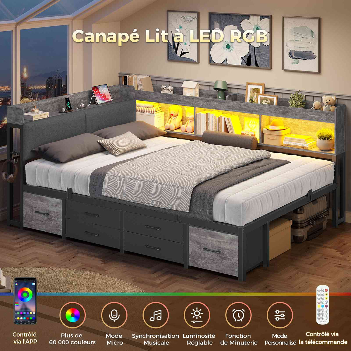 Canapé-lit AOGLLATI 140 x 200 avec rangement plusieurs p Rich text editor Descriptionrises et éclairage LED  avec tête de lit rembourrée lit pour enfants lit double avec cadre en métal