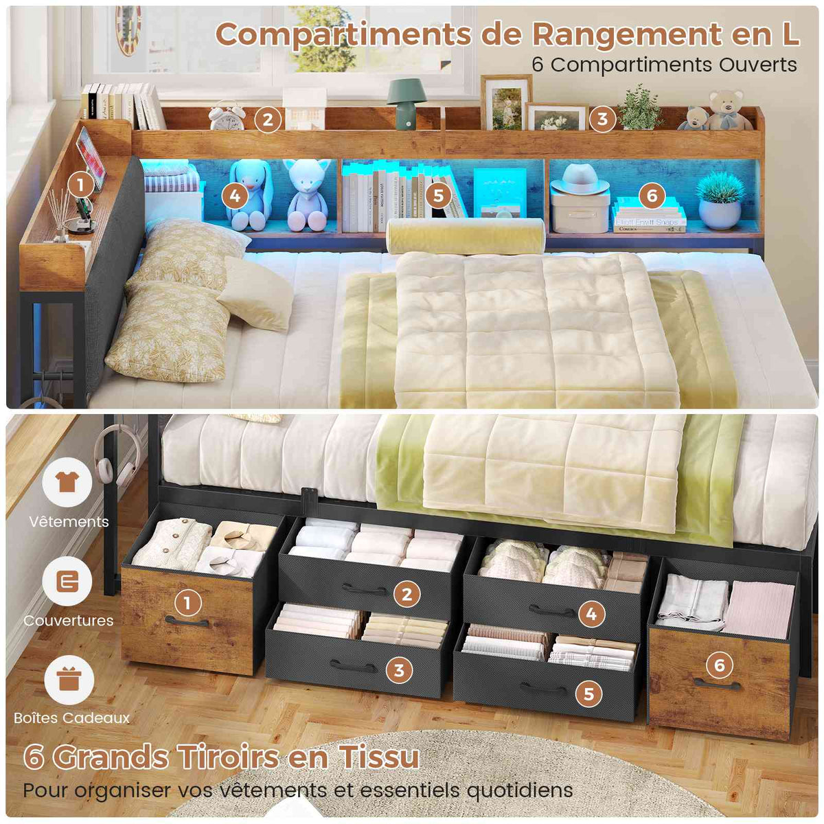 Canapé-lit AOGLLATI 140 x 200 avec rangement plusieurs p Rich text editor Descriptionrises et éclairage LED  avec tête de lit rembourrée lit pour enfants lit double avec cadre en métal