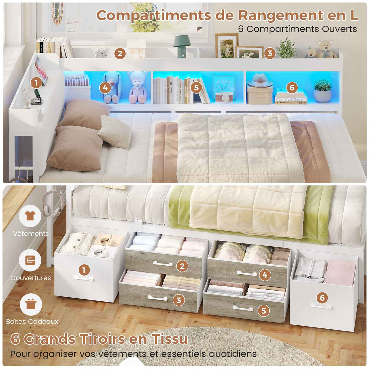 Canapé-lit AOGLLATI 140 x 200 avec rangement plusieurs p Rich text editor Descriptionrises et éclairage LED  avec tête de lit rembourrée lit pour enfants lit double avec cadre en métal