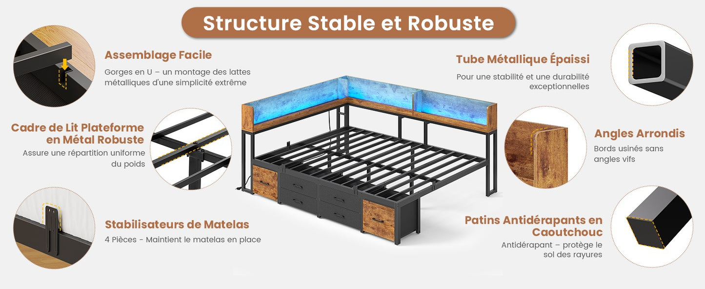 Canapé-lit pliant AOGLLATI 140 x 190 avec multiprise et éclairage LED canapé-lit rembourré doté de 6 compartiments de rangement et d'un espace de rangement sous le lit